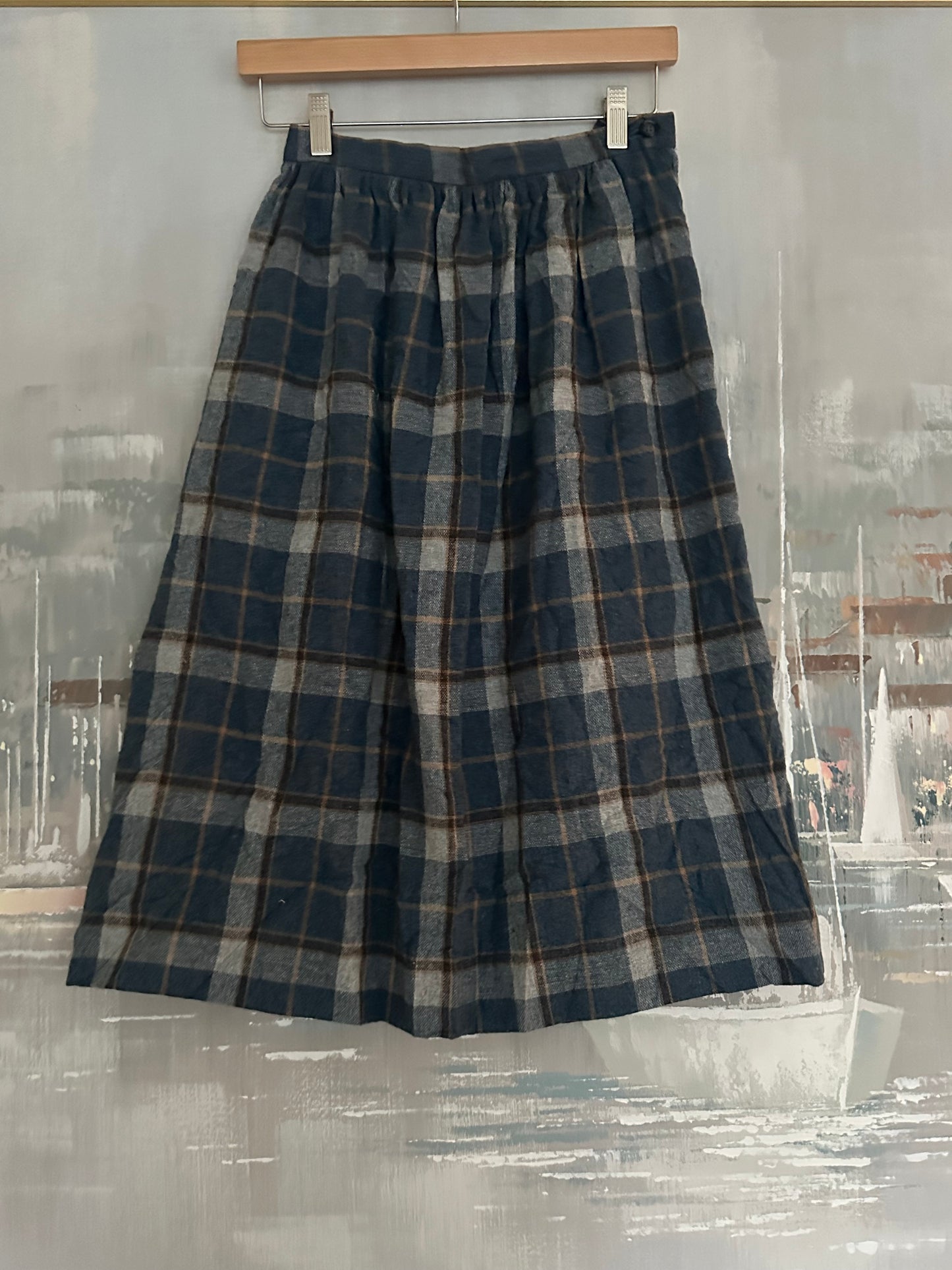 Vintage blue wool plaid skirt from Paris