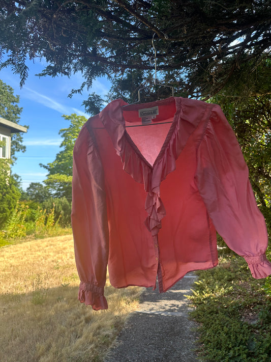 90s Pink Silk Frilly Shirt