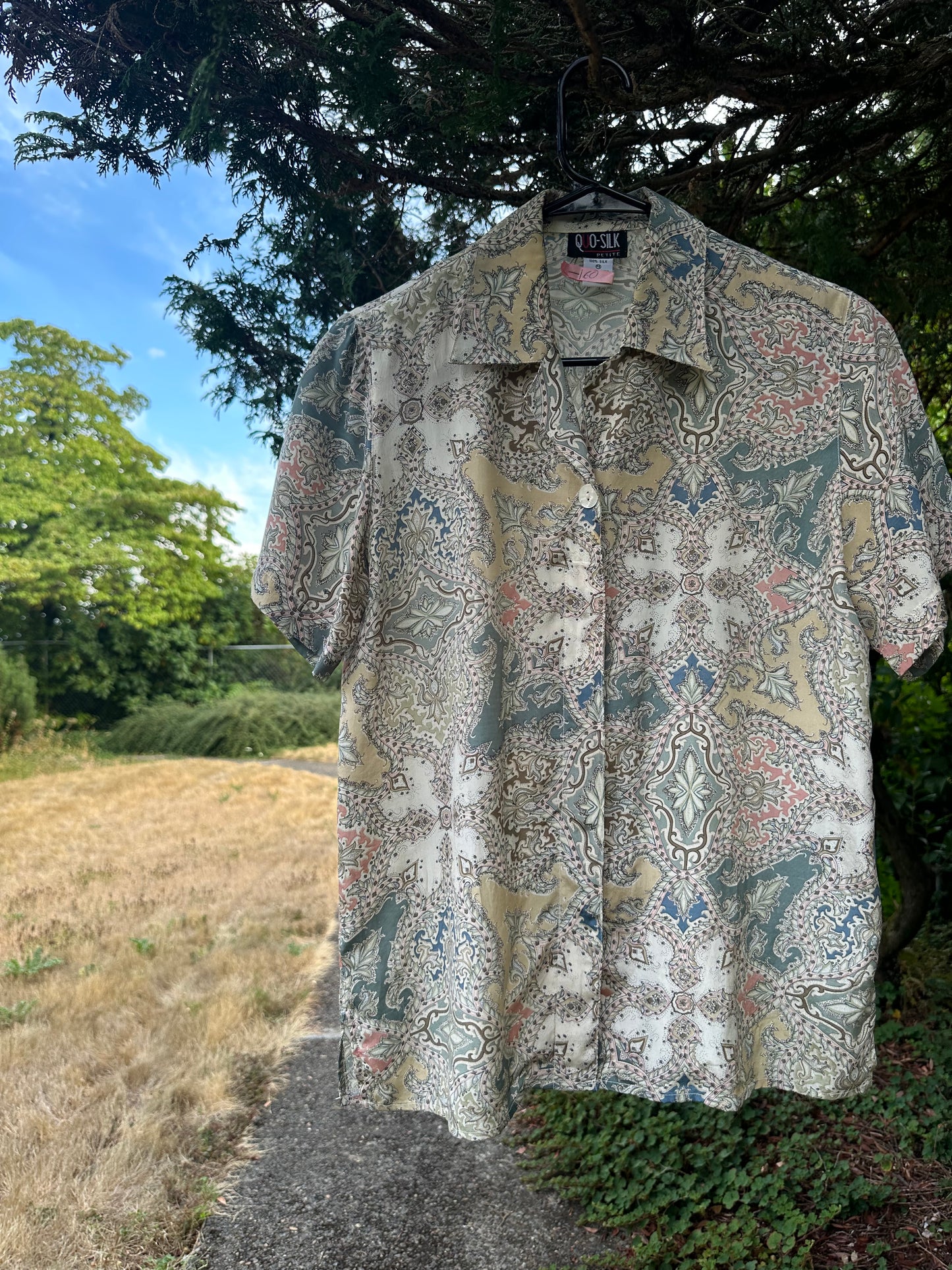 90s Tan Floral Silk Shirt