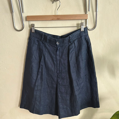 90s Blue Linen Pleated Shorts