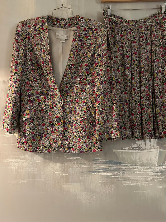 90s Floral Silk Blazer and Skirt