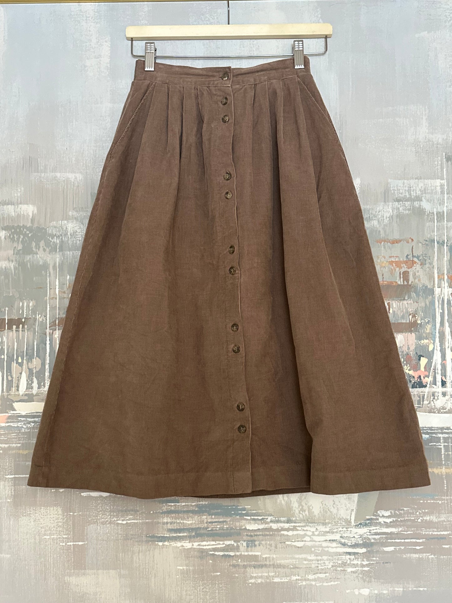 80s Brown Corduroy Pleated Midi Skirt
