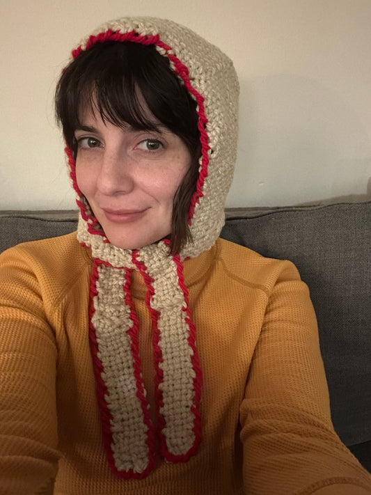 Hand Woven Bonnet/Balaclava- white with red trim