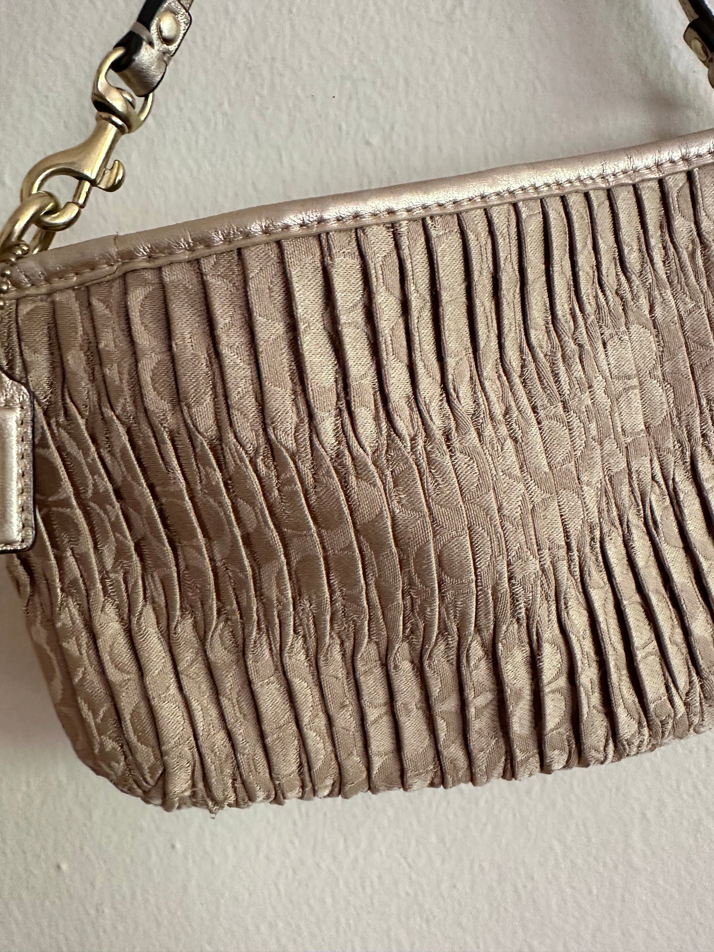 Y2K Coach Gold Gathered Nylon and Leather Pleated Clutch