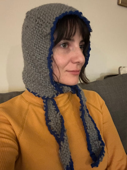 Hand Woven Bonnet/Balaclava- grey with blue trim