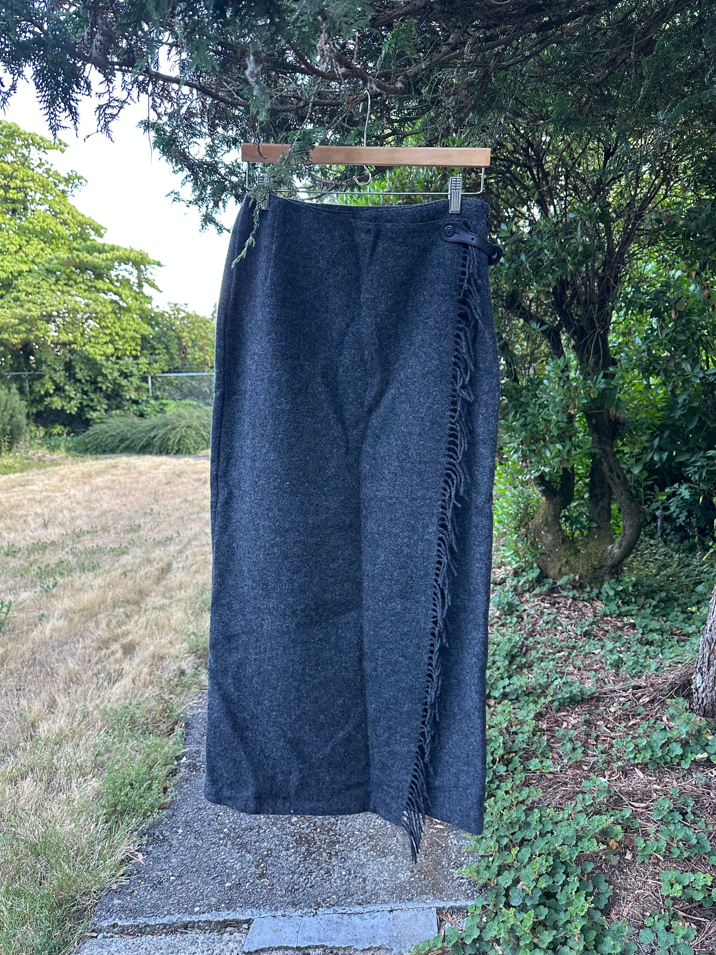 90s Grey Fringe Wool Wrap Skirt
