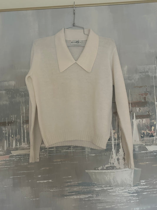 60s White wool collared sweater - Meadow Mist