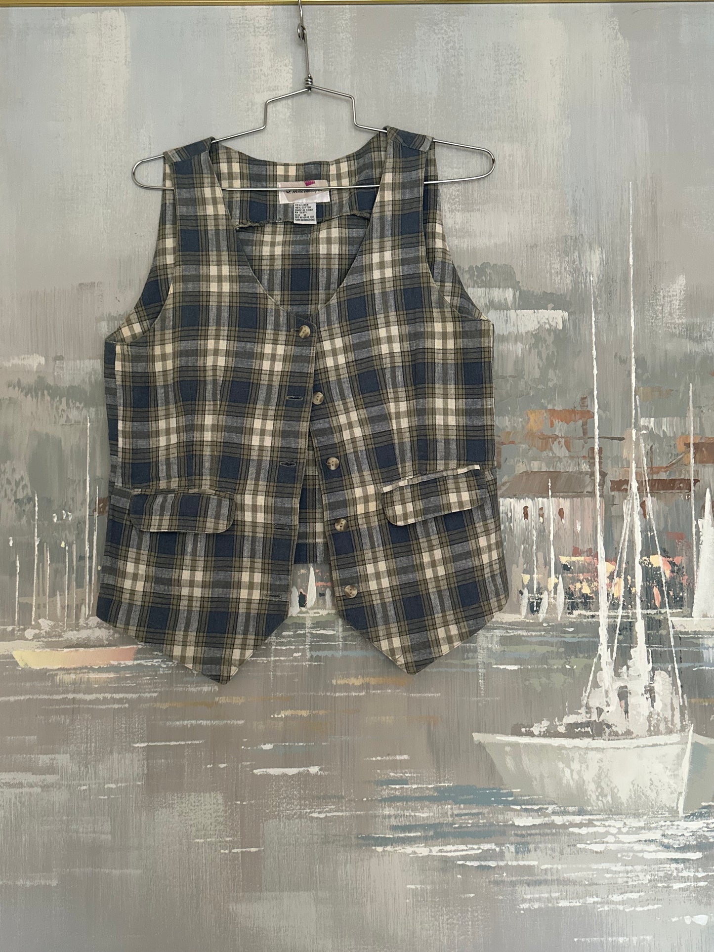 90s Blue Plaid Linen/Cotton Vest -