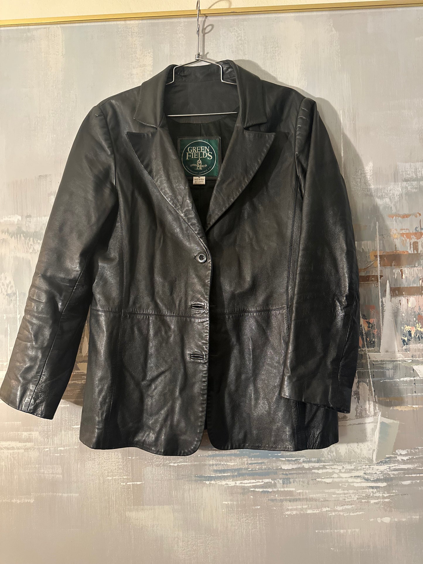 90s Black Leather Jacket - Green Fields