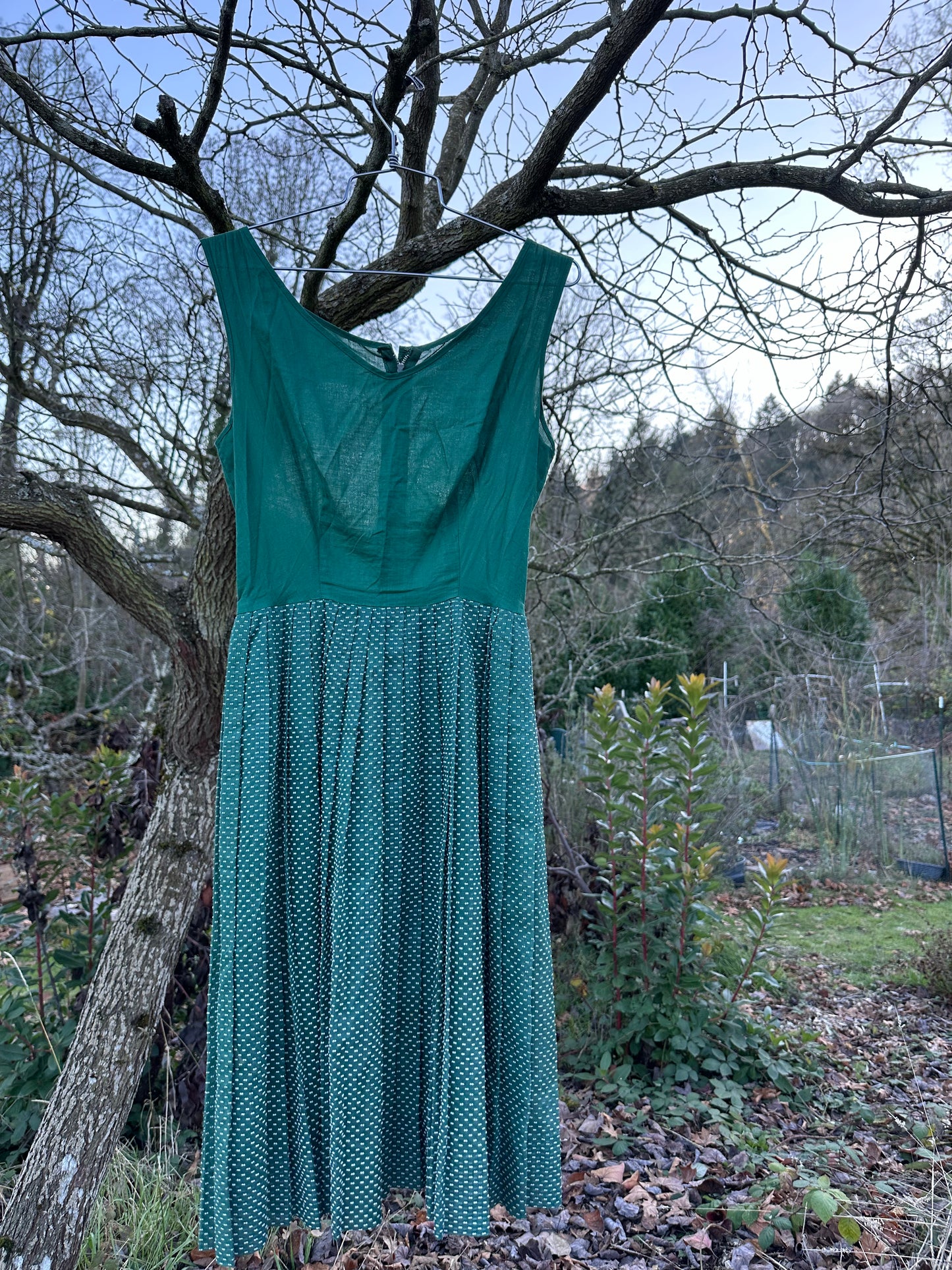 50s Green Cotton Pleated Polka Dot Dress