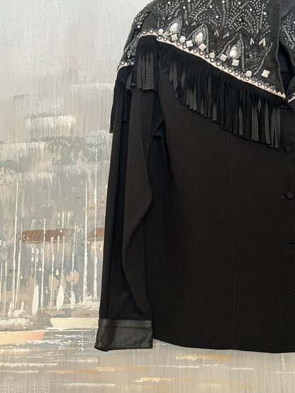 80s Black Leather and Silk Fringe and Beaded Top