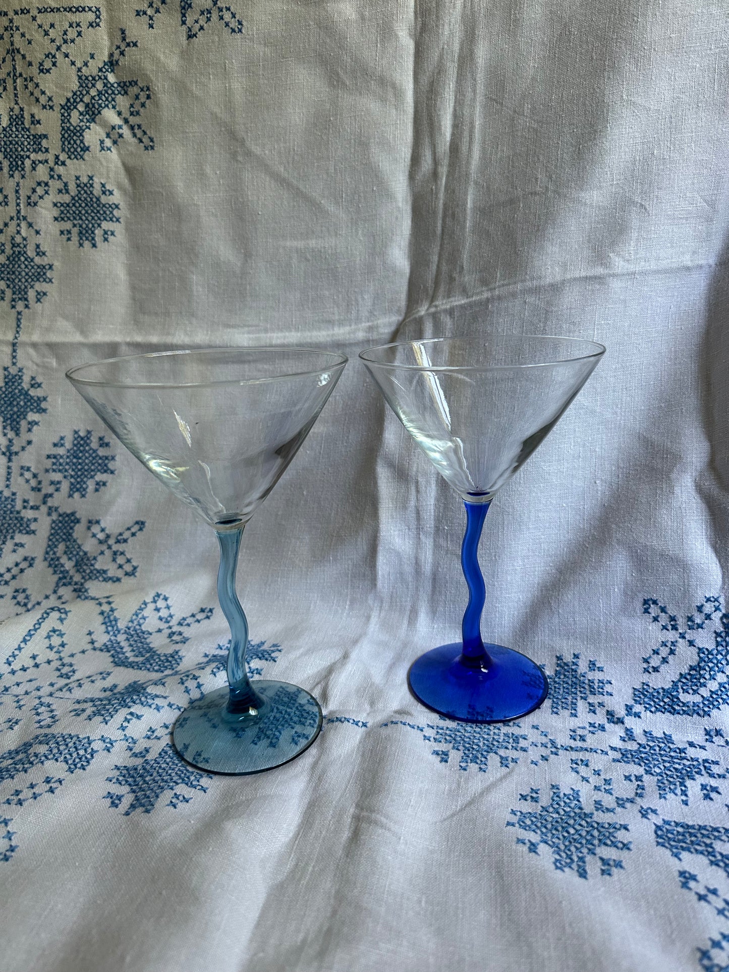 Post Modern Blue Squiggle Stem Martini Glasses